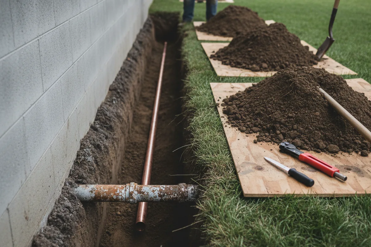 Excavated water line trench during Water Heater Repair in Spiceland